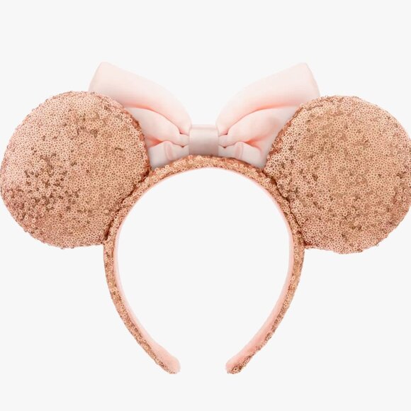 NEW! Disney Parks Minnie Mouse Sequin Ears Headband Rose Gold Pink Bow - Picture 2 of 4